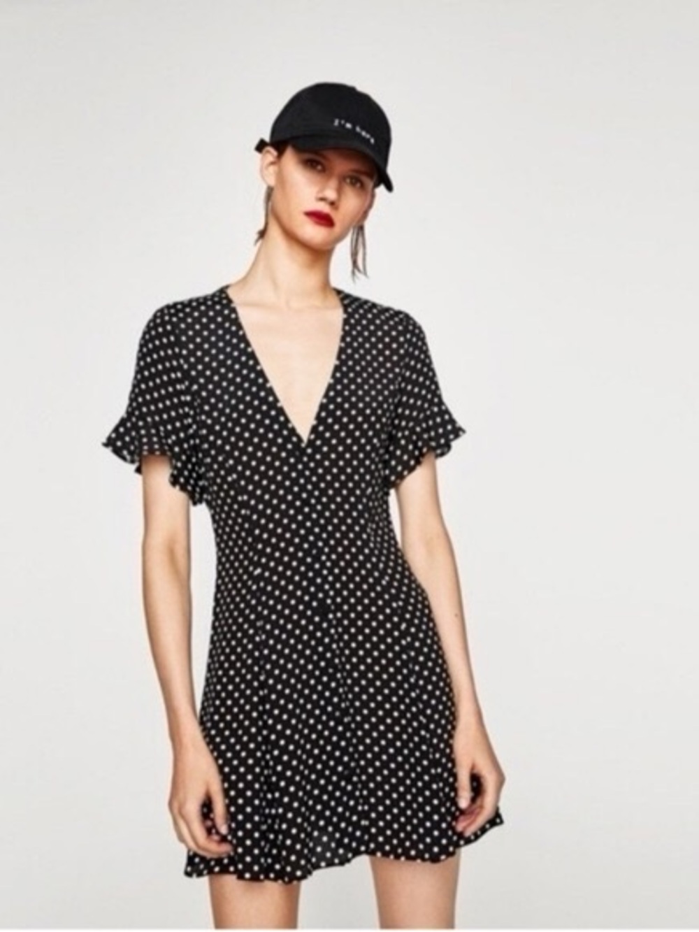 ZARA Black Polka Dot Mini Dress Size Small Ruffle Sleeve 90s Romantic - Picture 2 of 8